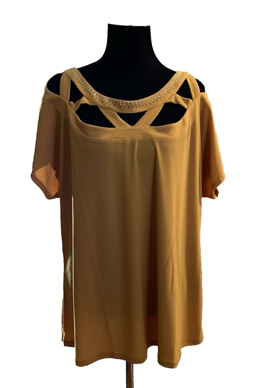 Diana Belle Womens Short Sleeve Round Neck Rhinestone Blouse Mustard Size 1X